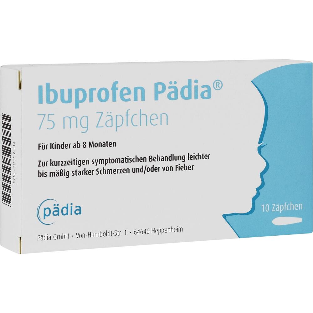 Verpackung von Ibuprofen Z&auml;pfchen f&uuml;r Kinder ab 8 Monaten, 75 mg, 10 St&uuml;ck.