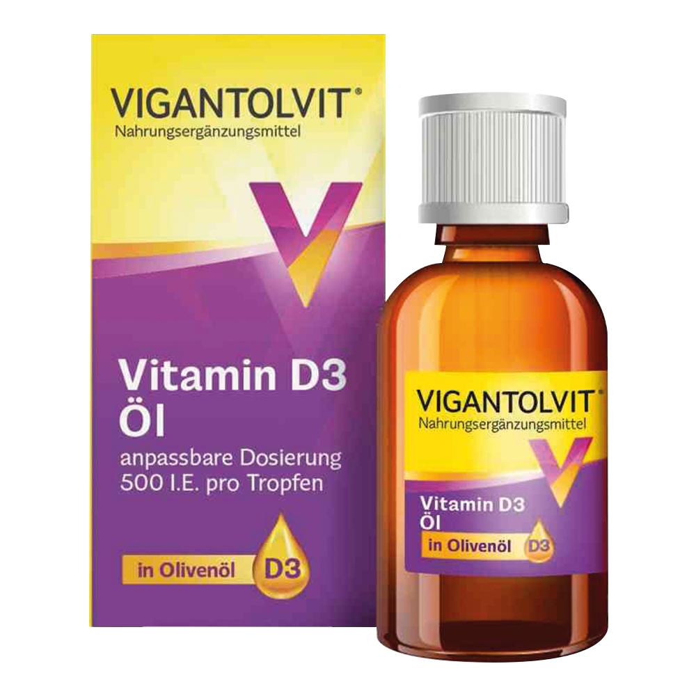 Flasche und Packung mit Vitamin-D3-Öl in Olivenöl von Vigantolvit.