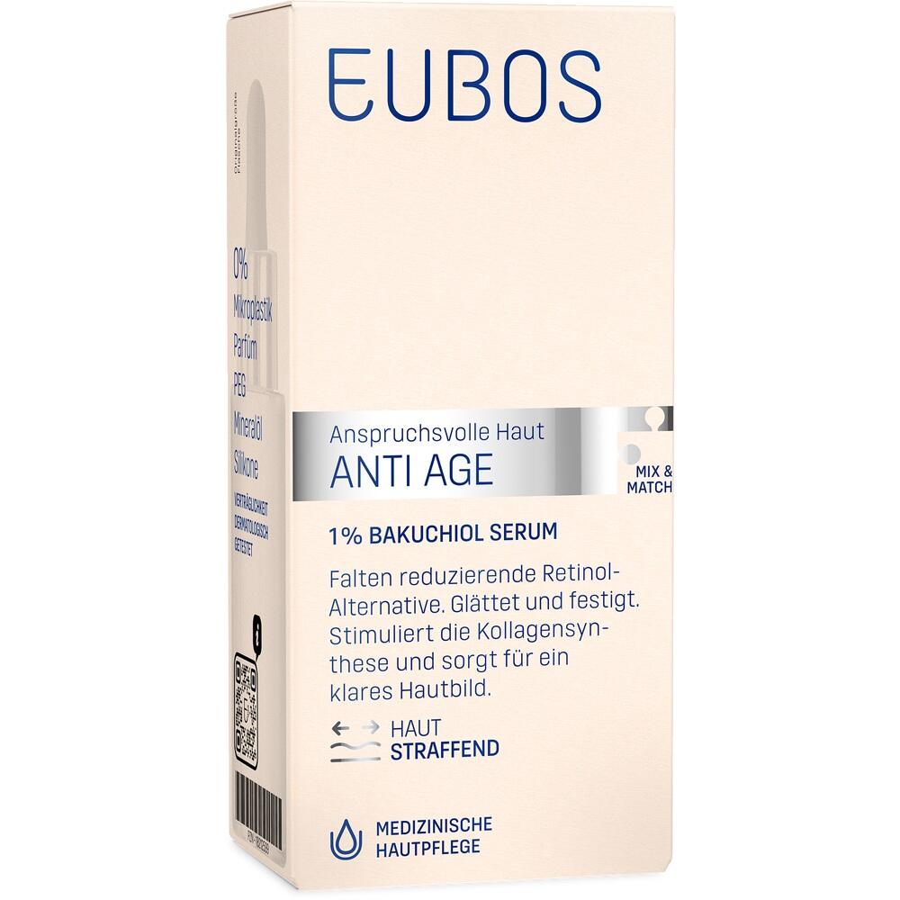 Beige Verpackung eines Anti-Age-Serums mit Bakuchiol für straffe Haut.