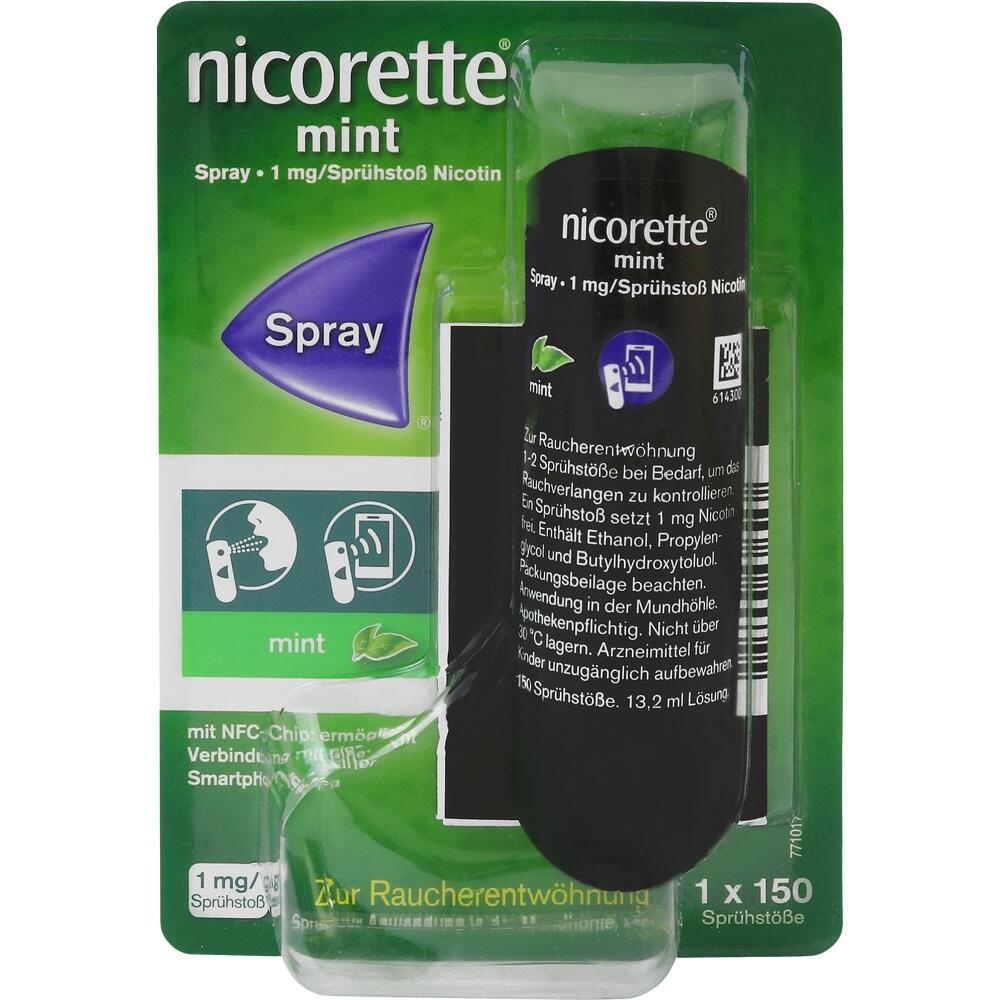 Grüne Verpackung eines Nicorette Minz-Sprays zur Raucherentwöhnung.