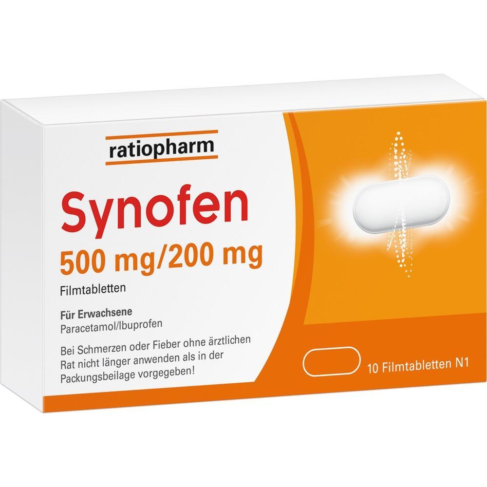 Eine Packung Synofen-Filmtabletten mit 500 mg Paracetamol und 200 mg Ibuprofen.