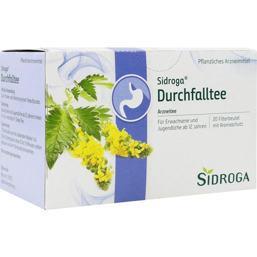 Teepackung mit der Aufschrift "Sidroga Durchfalltee" und gelber Bl&uuml;tenabbildung.