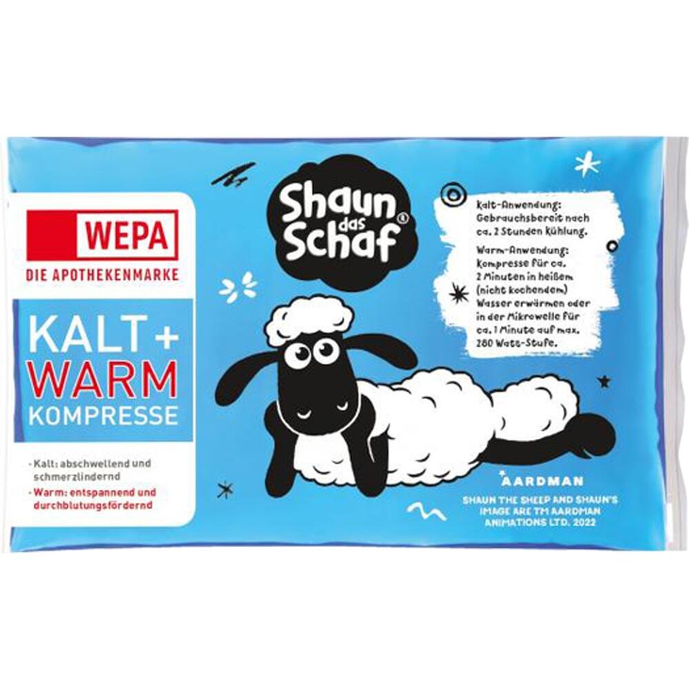 Eine blaue Kalt-Warm-Kompresse mit einer Zeichnung eines Schafs.