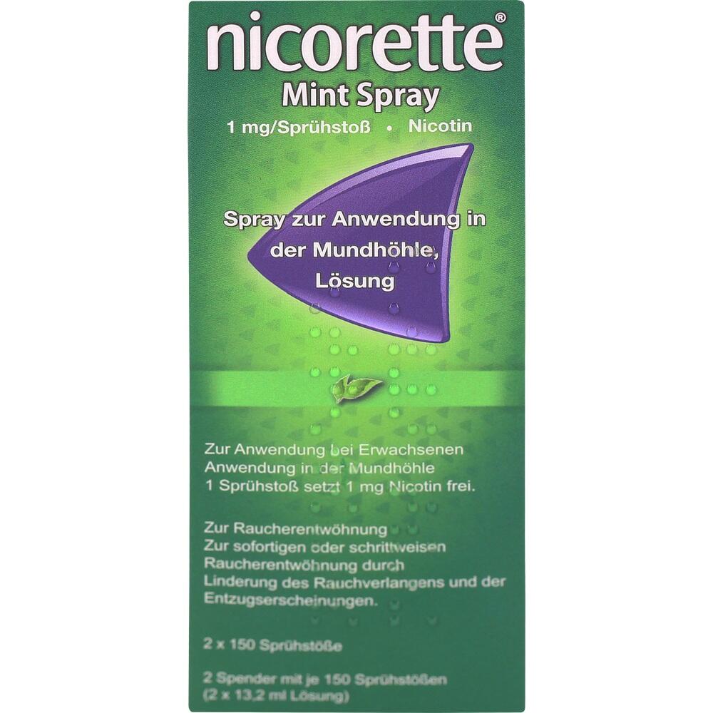Grüne Verpackung von Nicorette Mint Spray zur Raucherentwöhnung.