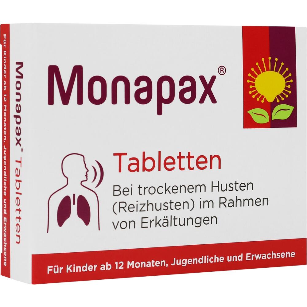 Verpackung von Monapax-Tabletten gegen trockenen Reizhusten bei Erkältungen.