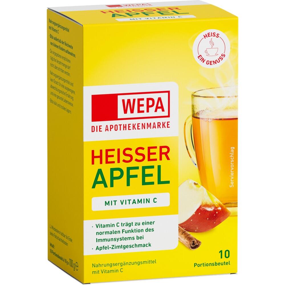 Gelbe Packung mit Hei&szlig;getr&auml;nk "Hei&szlig;er Apfel" und Apfel-Zimt-Geschmack.