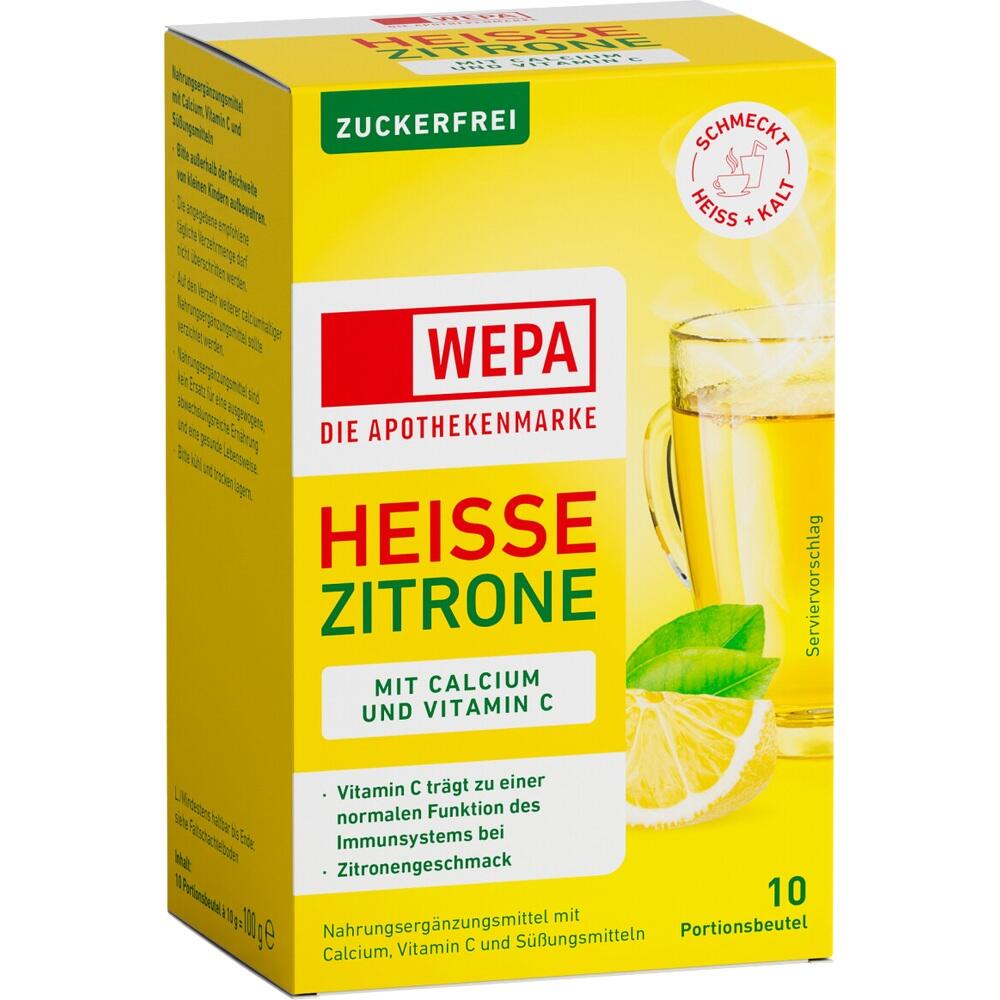 Gelbe Packung mit hei&szlig;em Zitronengetr&auml;nk, vitaminreich und zuckerfrei.