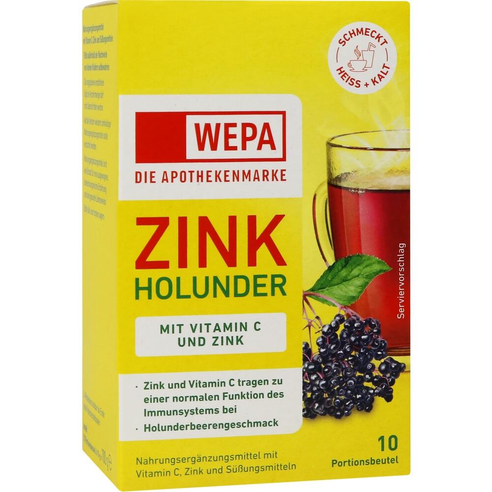 Gelbe Packung mit Holundertee und Zink, zeigt ein Glas Tee und Holunderbeeren.