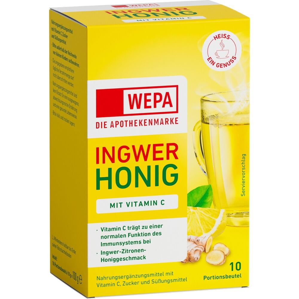 Gelbe Verpackung f&uuml;r Ingwer-Honig-Getr&auml;nk mit Vitamin C.