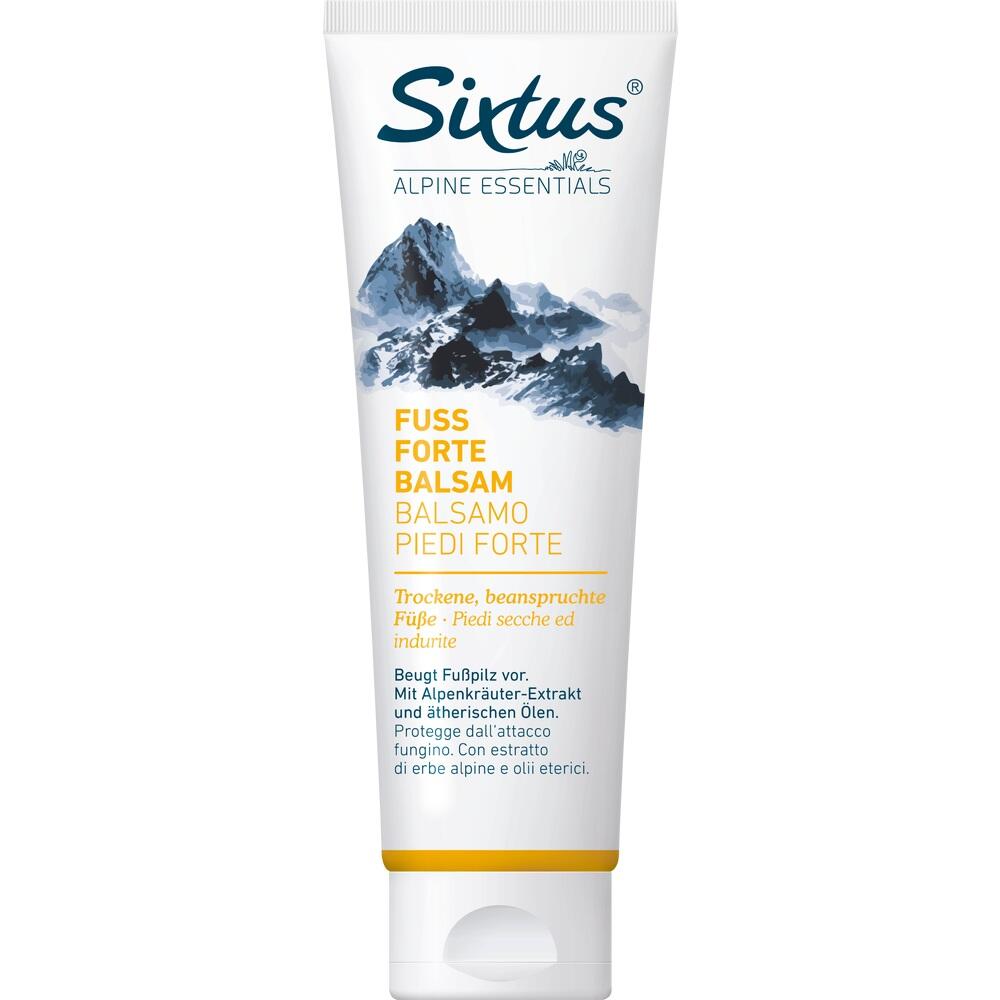 Eine Tube Fu&szlig;balsam mit Bergmotiv f&uuml;r trockene, beanspruchte F&uuml;&szlig;e.