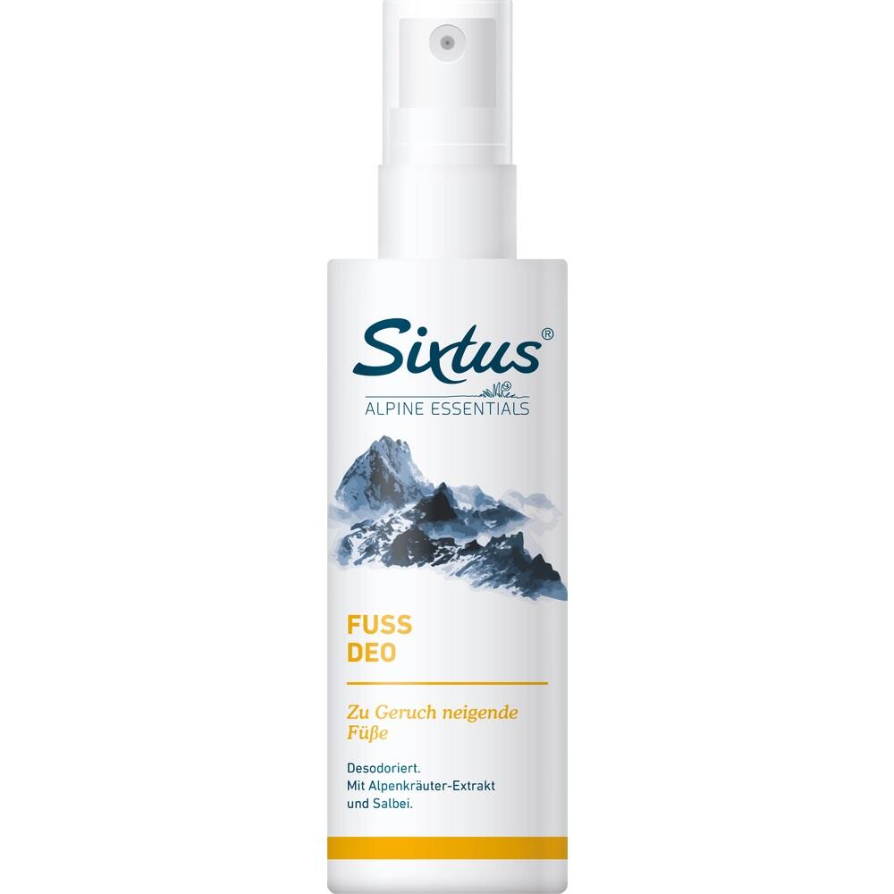 Wei&szlig;e Spr&uuml;hflasche mit Fu&szlig;deo-Aufschrift und Bergbild.