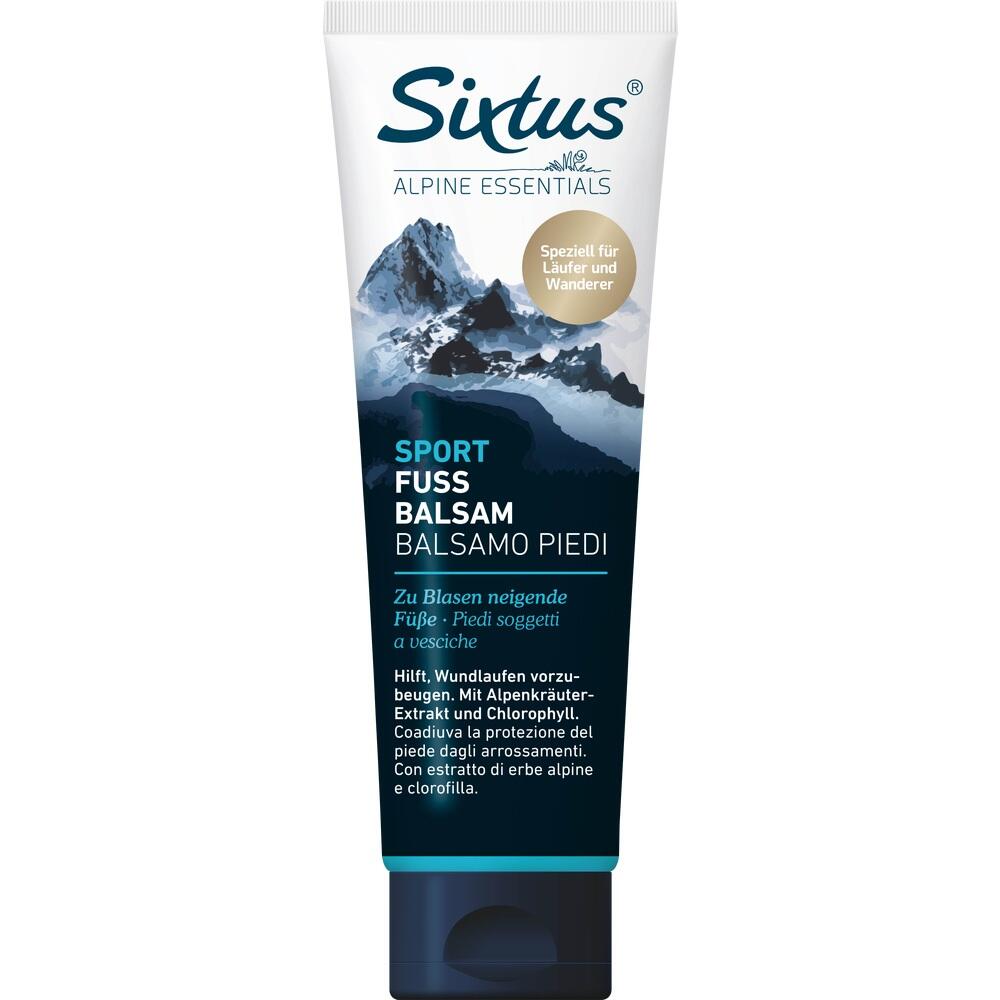 Eine Tube Fu&szlig;balsam mit Bergmotiv auf der Verpackung.