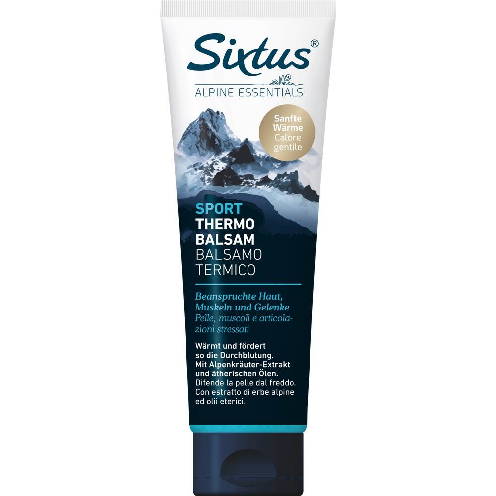 Eine Tube Sport-Thermo-Balsam mit Bergmotiv auf der Verpackung.
