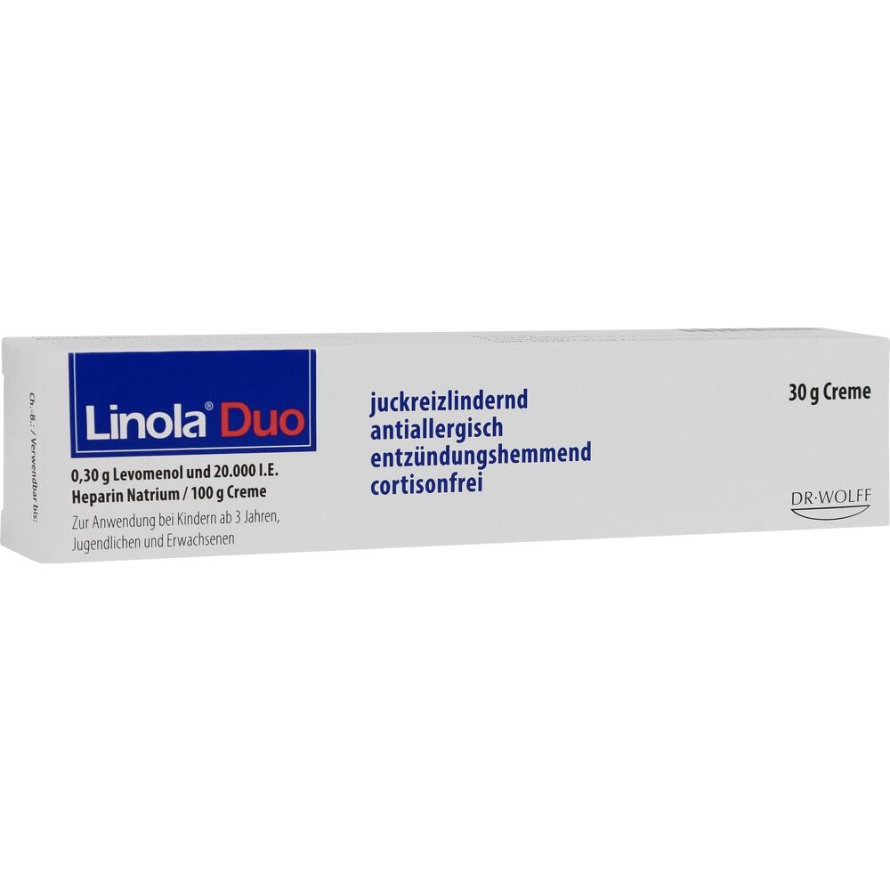 Eine Schachtel mit 30 g Linola Duo Creme gegen Juckreiz und Allergien.