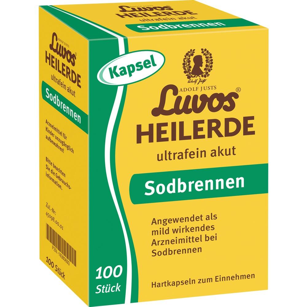 Gelbe Packung von Luvos-Heilerde-Kapseln gegen Sodbrennen.