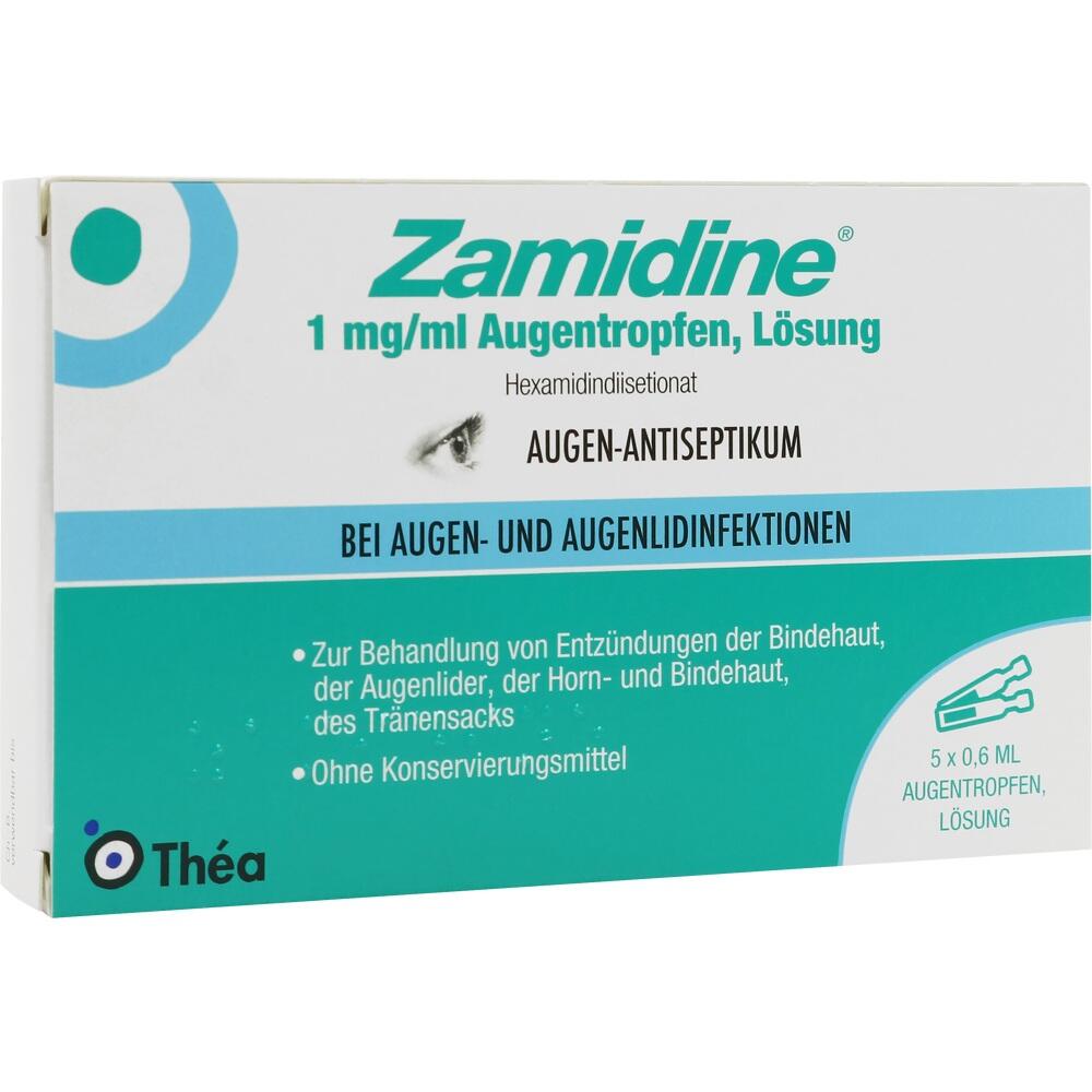 Die Verpackung zeigt Zamidine Augentropfen für Augeninfektionen.