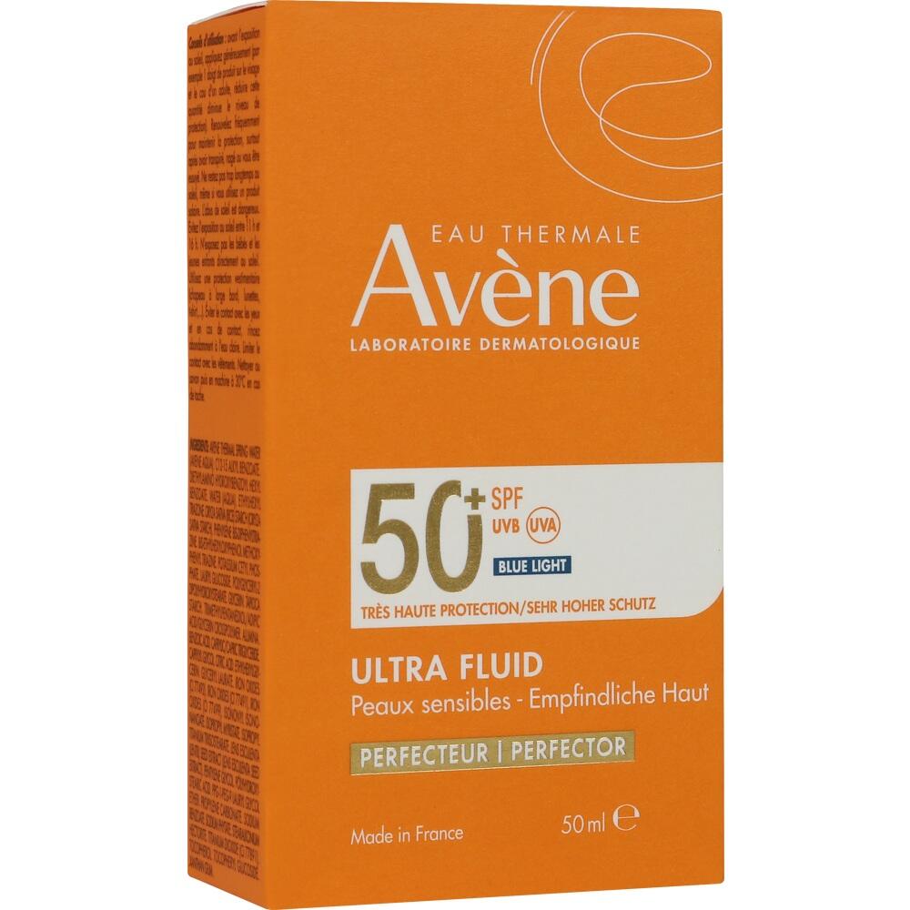 Orangene Verpackung einer Sonnencreme mit SPF 50+ für empfindliche Haut.