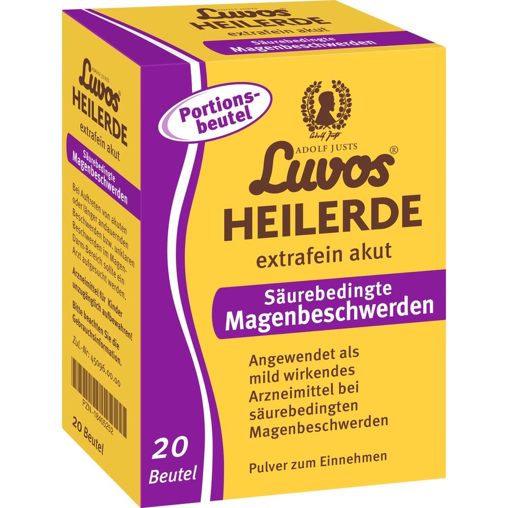 Gelbe Packung von Heilerde für säurebedingte Magenbeschwerden mit 20 Portionsbeuteln.