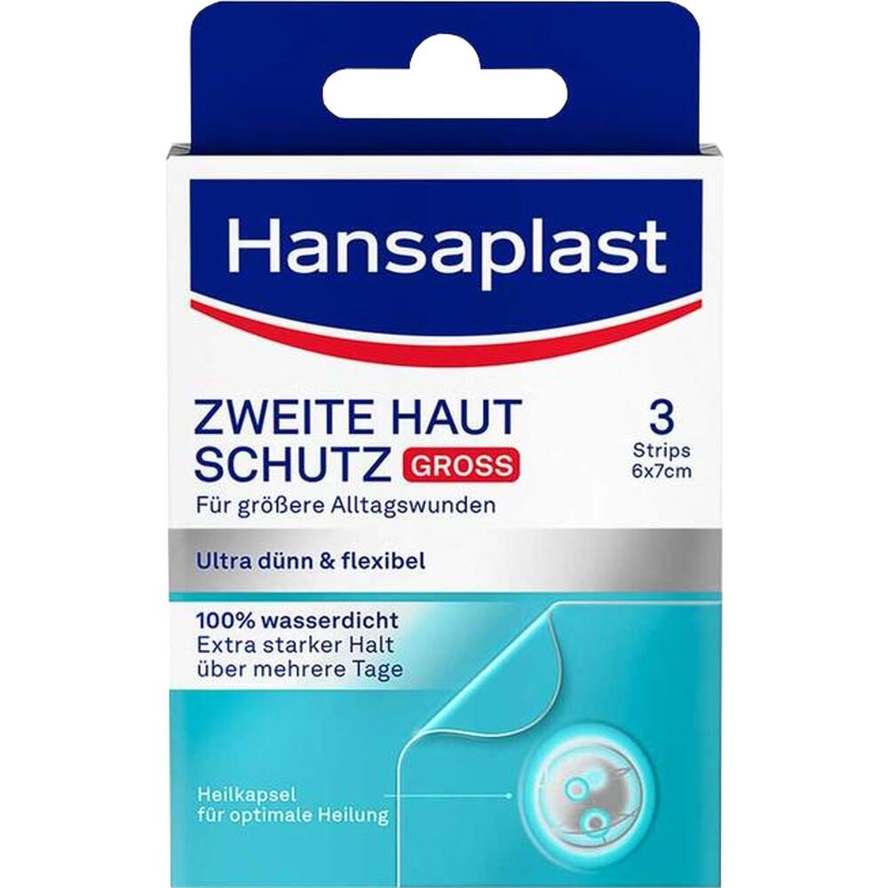 Verpackung von Hansaplast Pflastern "Zweite Haut Schutz" für größere Wunden, wasserfest.