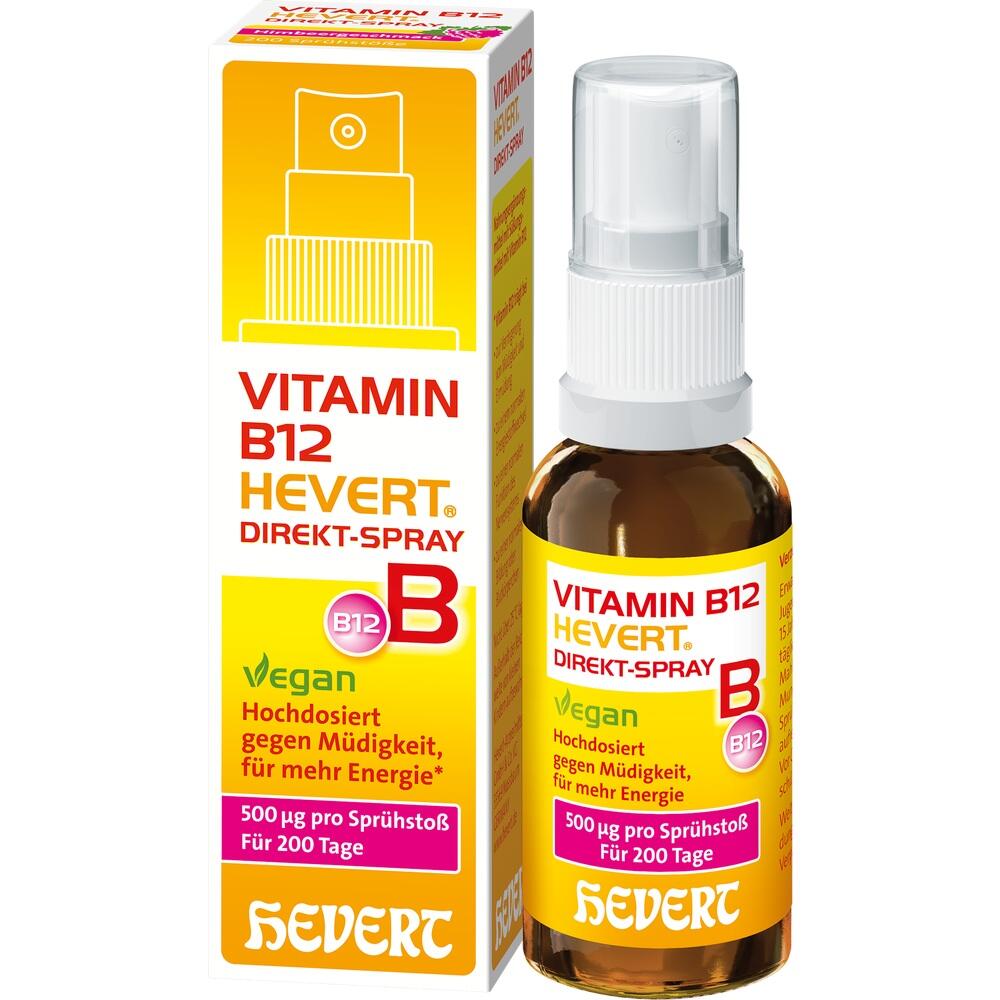 Vitamin B12-Spray von Hevert mit Himbeergeschmack in einer Flasche und Verpackung.
