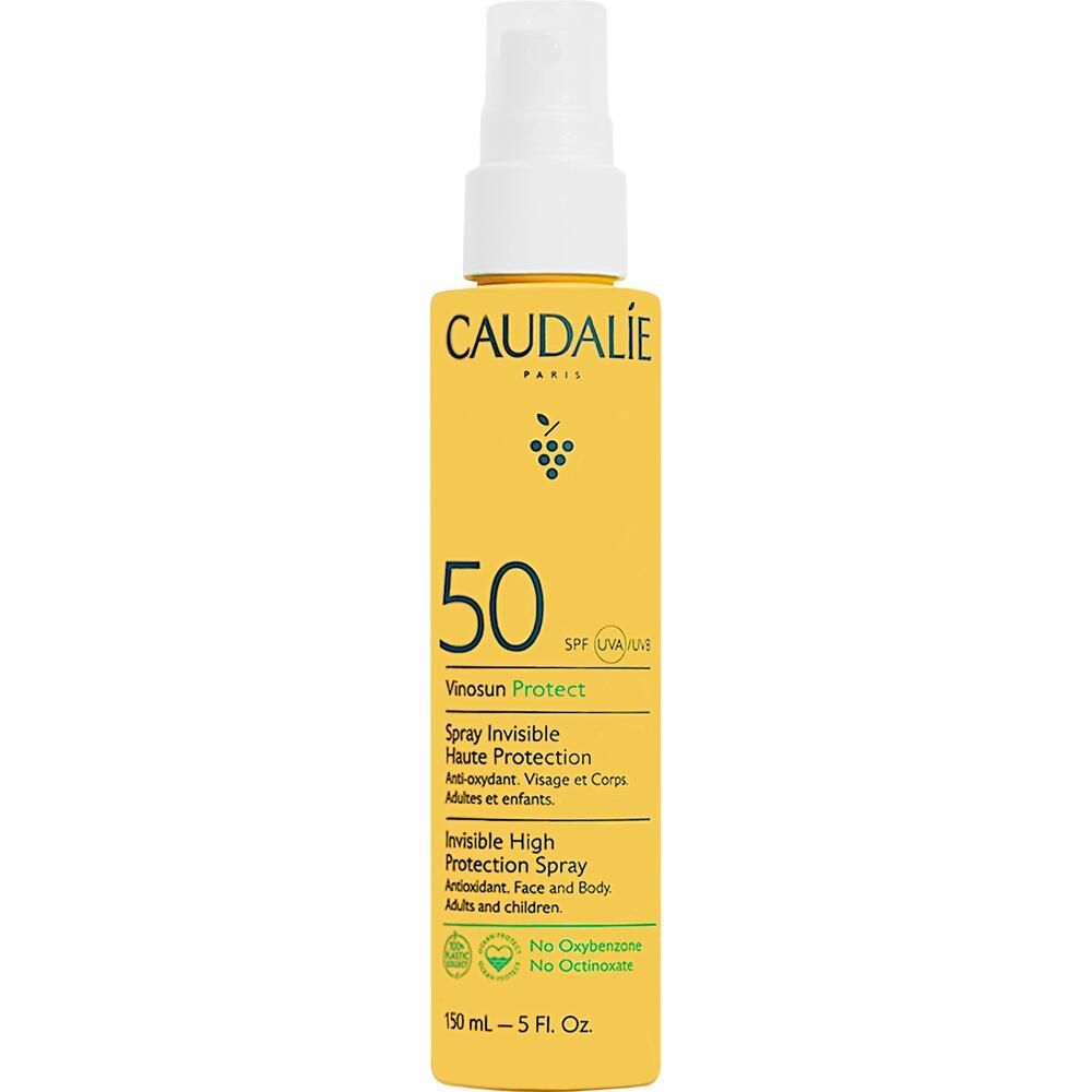 Gelbe Sonnenschutz-Sprayflasche mit LSF 50 von Caudalie.