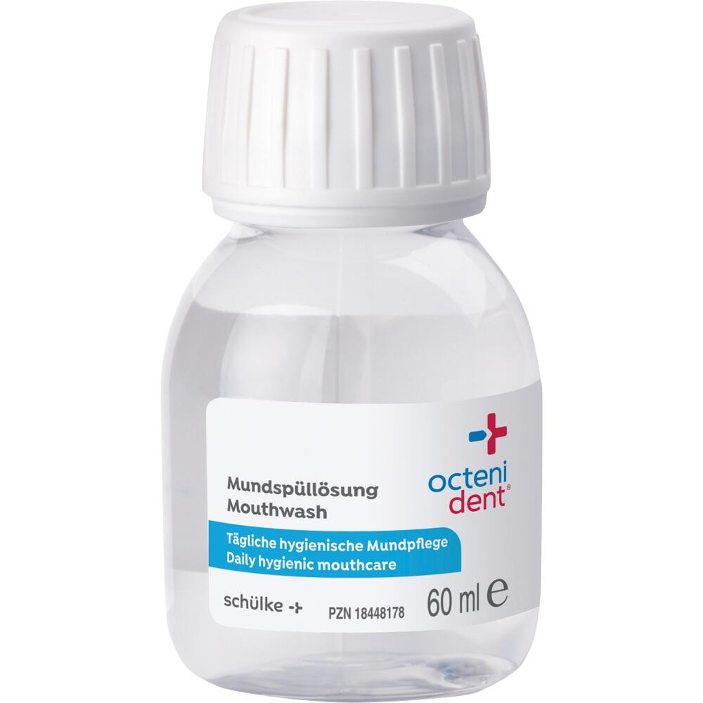 Eine kleine Flasche Mundsp&uuml;ll&ouml;sung mit wei&szlig;em Etikett und Deckel.