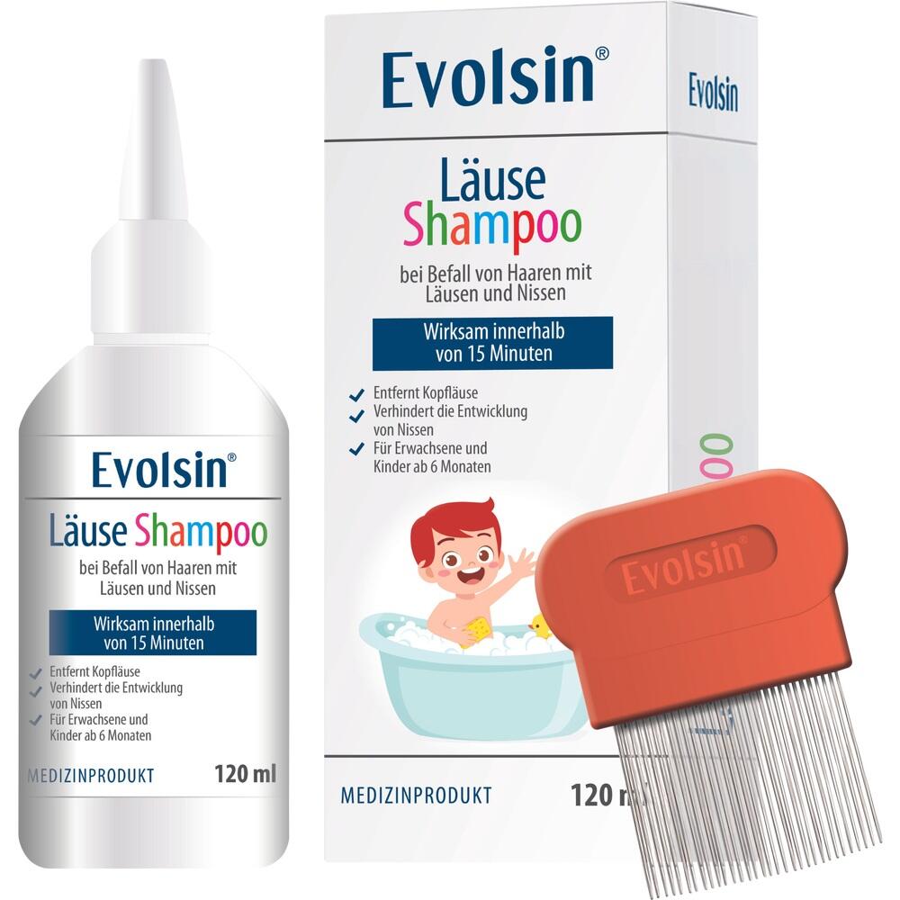 Flasche und Verpackung eines Läuse-Shampoos mit Kamm für Kinder ab sechs Monaten.