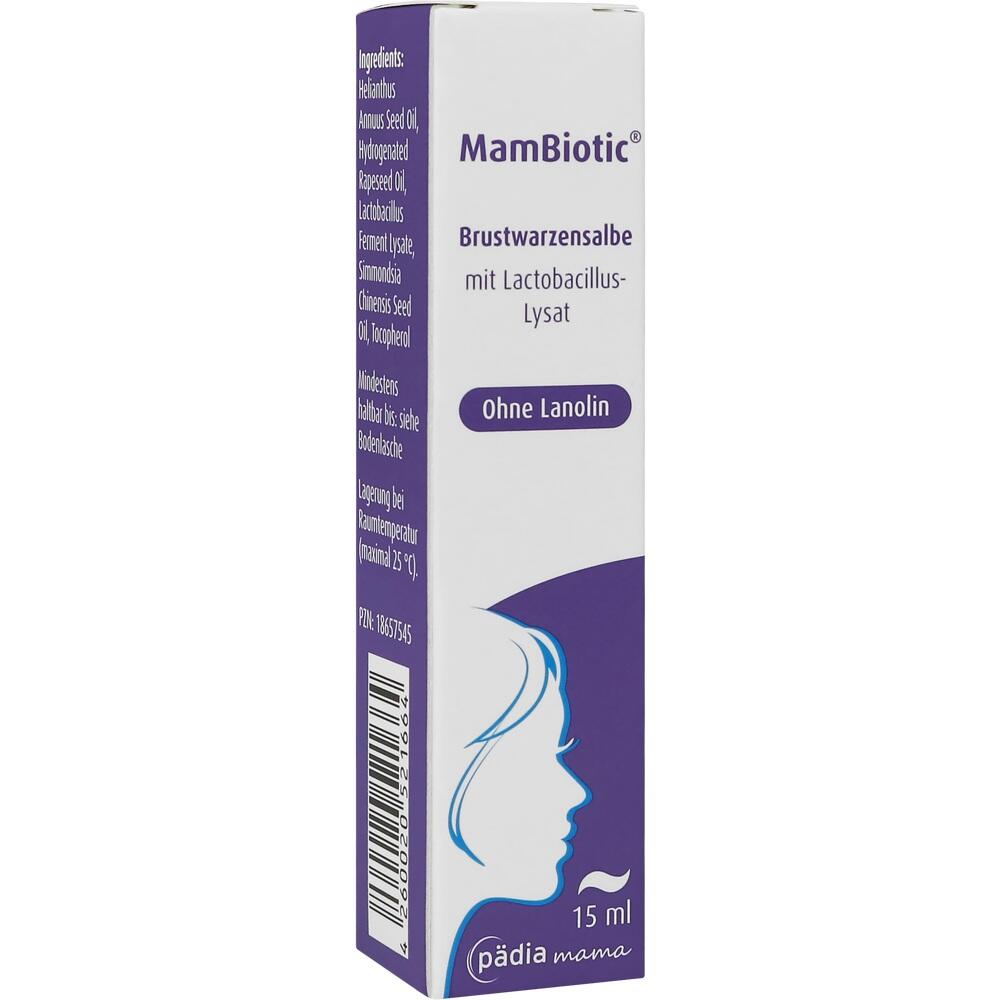 Wei&szlig;e Verpackung einer Brustwarzensalbe mit lila und blauer Schrift, 15 ml.