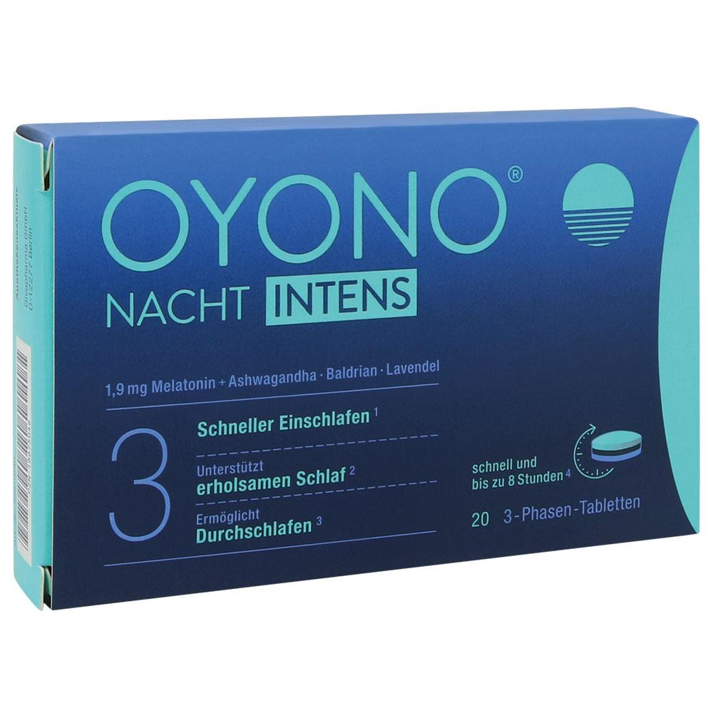 Blaue Schachtel für Schlafmittel mit der Aufschrift "Oyono Nacht Intens".