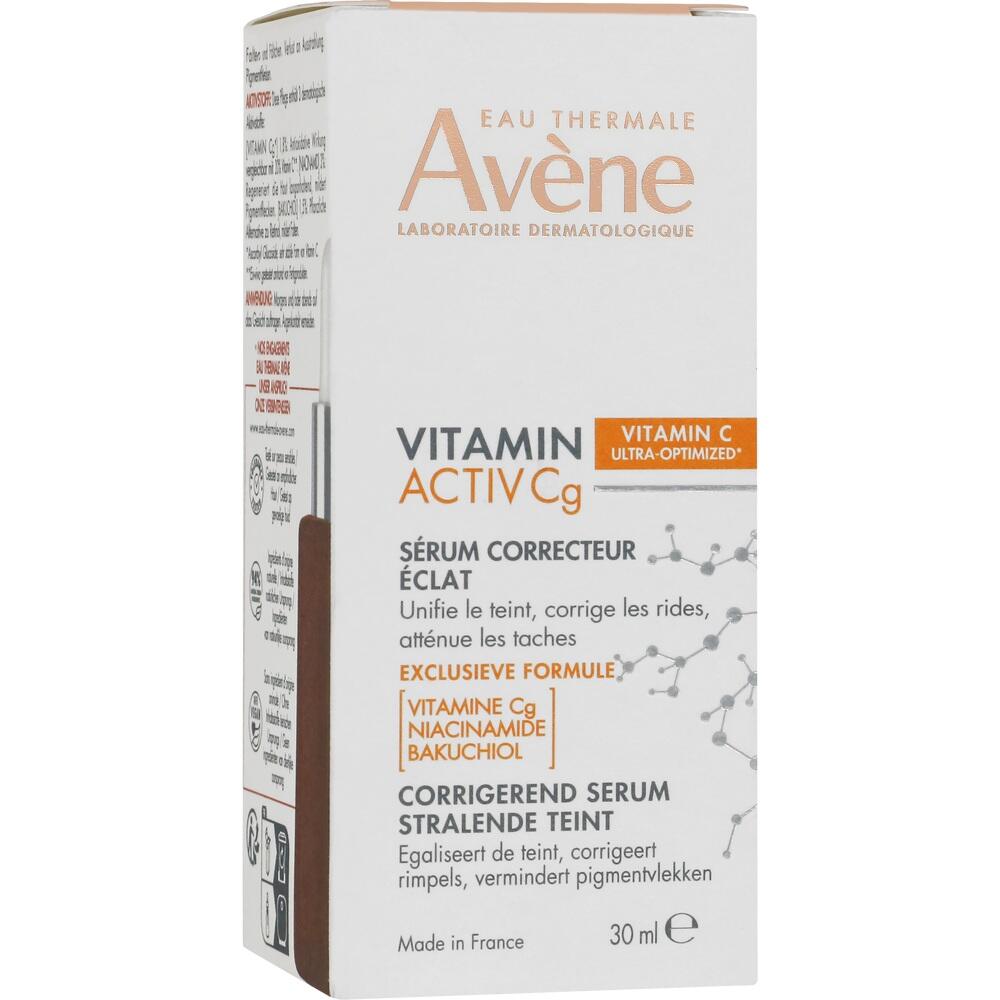 Weiße Schachtel eines Korrektur-Serums mit Vitamin C und anderen Inhaltsstoffen.