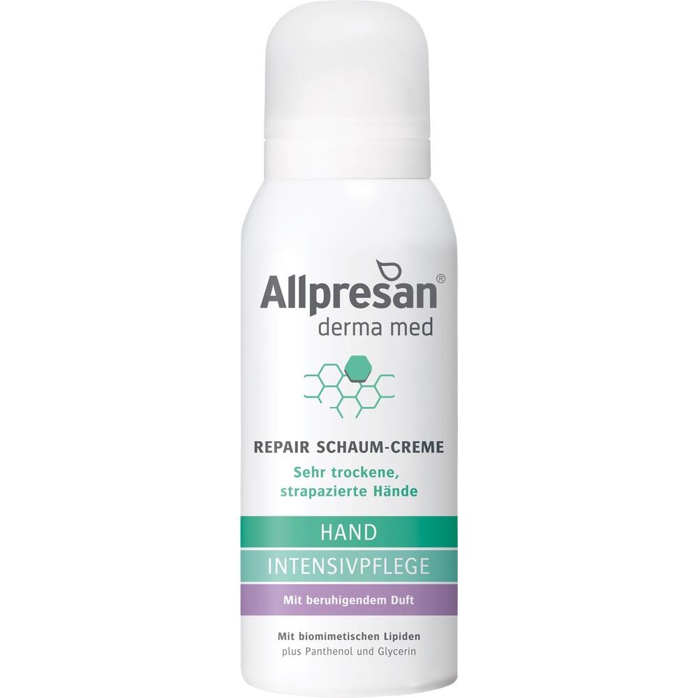 Wei&szlig;e Flasche mit der Aufschrift "Allpresan Repair Schaum-Creme" f&uuml;r trockene H&auml;nde.