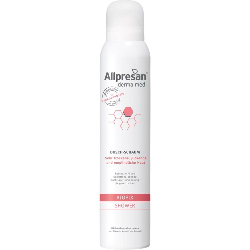 Wei&szlig;e Flasche mit rosa Details, beschriftet als Dusch-Schaum f&uuml;r empfindliche Haut.