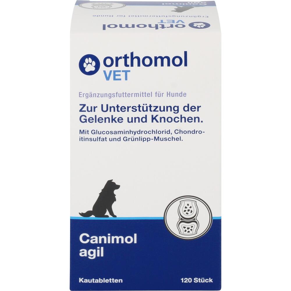 Packung mit Kautabletten f&uuml;r Hunde zur Unterst&uuml;tzung von Gelenken und Knochen.