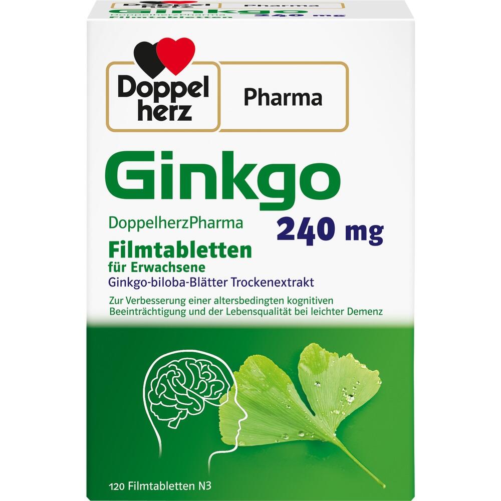 Verpackung von Ginkgo-Tabletten mit Bl&auml;ttern und Gehirn-Symbol.