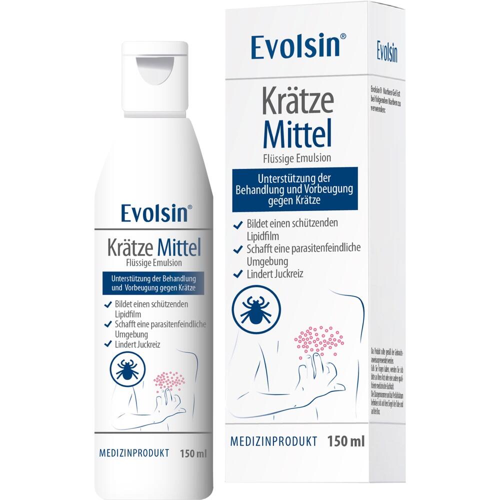 Flasche und Schachtel eines Mittels gegen Kr&auml;tze mit blauer und wei&szlig;er Aufschrift.