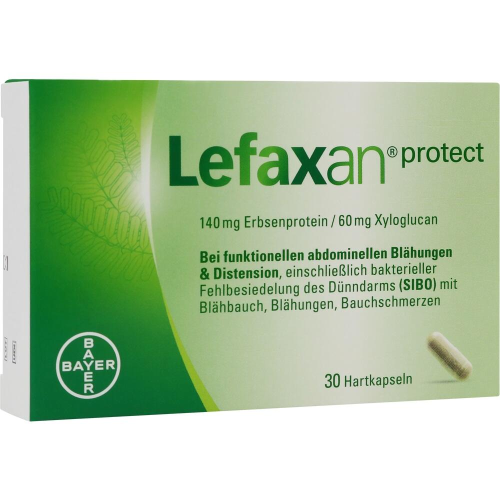Grüne Packung von Lefaxan protect mit 30 Hartkapseln gegen Blähungen.