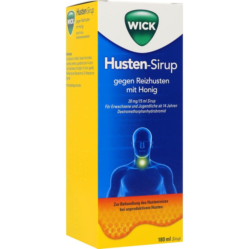 Gelbe Packung mit Husten-Sirup gegen Reizhusten, mit Honiggeschmack.