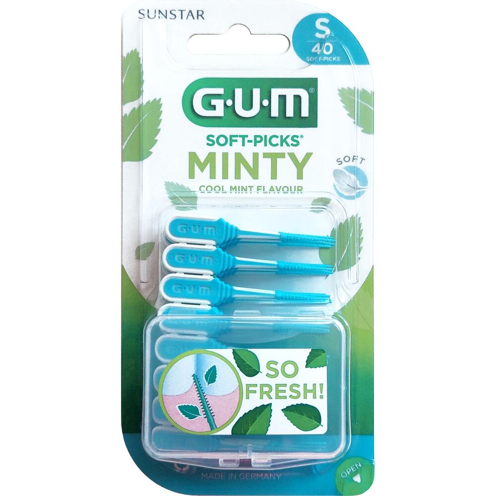 Verpackung von minzigen, weichen Zahnzwischenraumpflege-Sticks in Blau.