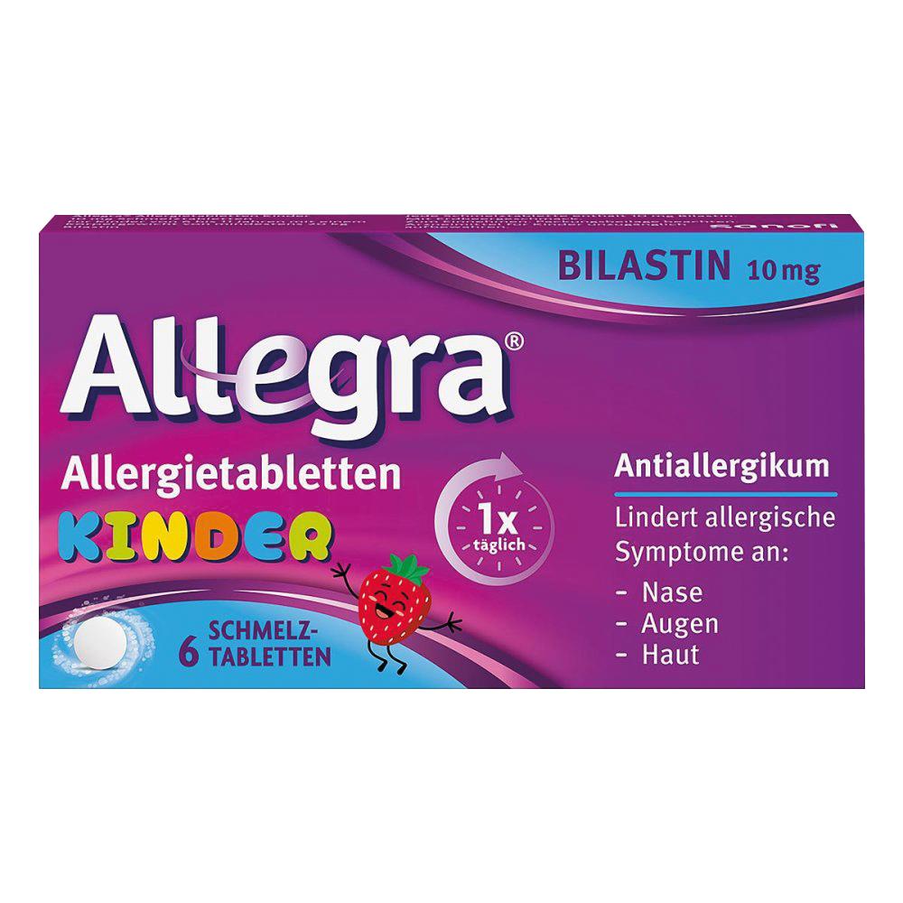 Lila Schachtel von Allegra Allergietabletten für Kinder gegen allergische Symptome.