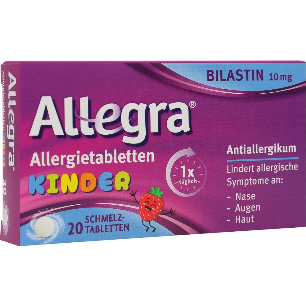 Lila Schachtel von Allegra Allergietabletten für Kinder, lindert allergische Symptome.