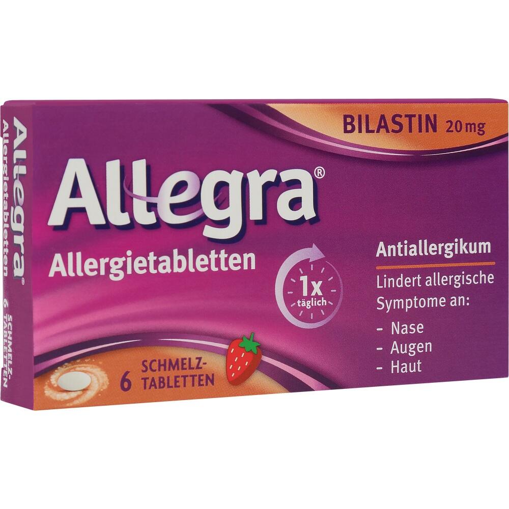 Lila Packung von Allegra Allergietabletten mit Erdbeere abgebildet.