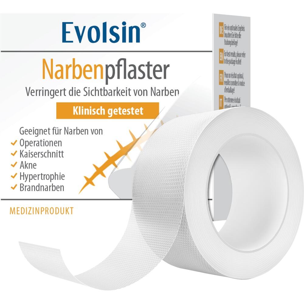 Eine Packung Narbenpflaster, die Narben reduziert, ist abgebildet.