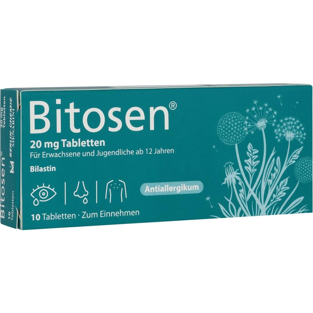 Eine gr&uuml;ne Medikamentenverpackung mit der Aufschrift "Bitosen" und Blumenabbildungen.