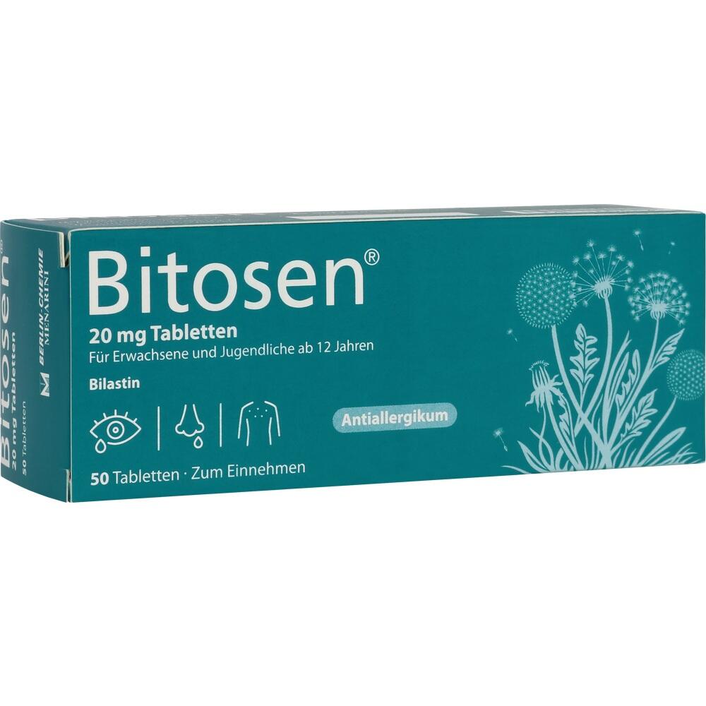 Eine gr&uuml;ne Medikamentenverpackung mit dem Namen "Bitosen" und der Aufschrift "Antiallergikum".