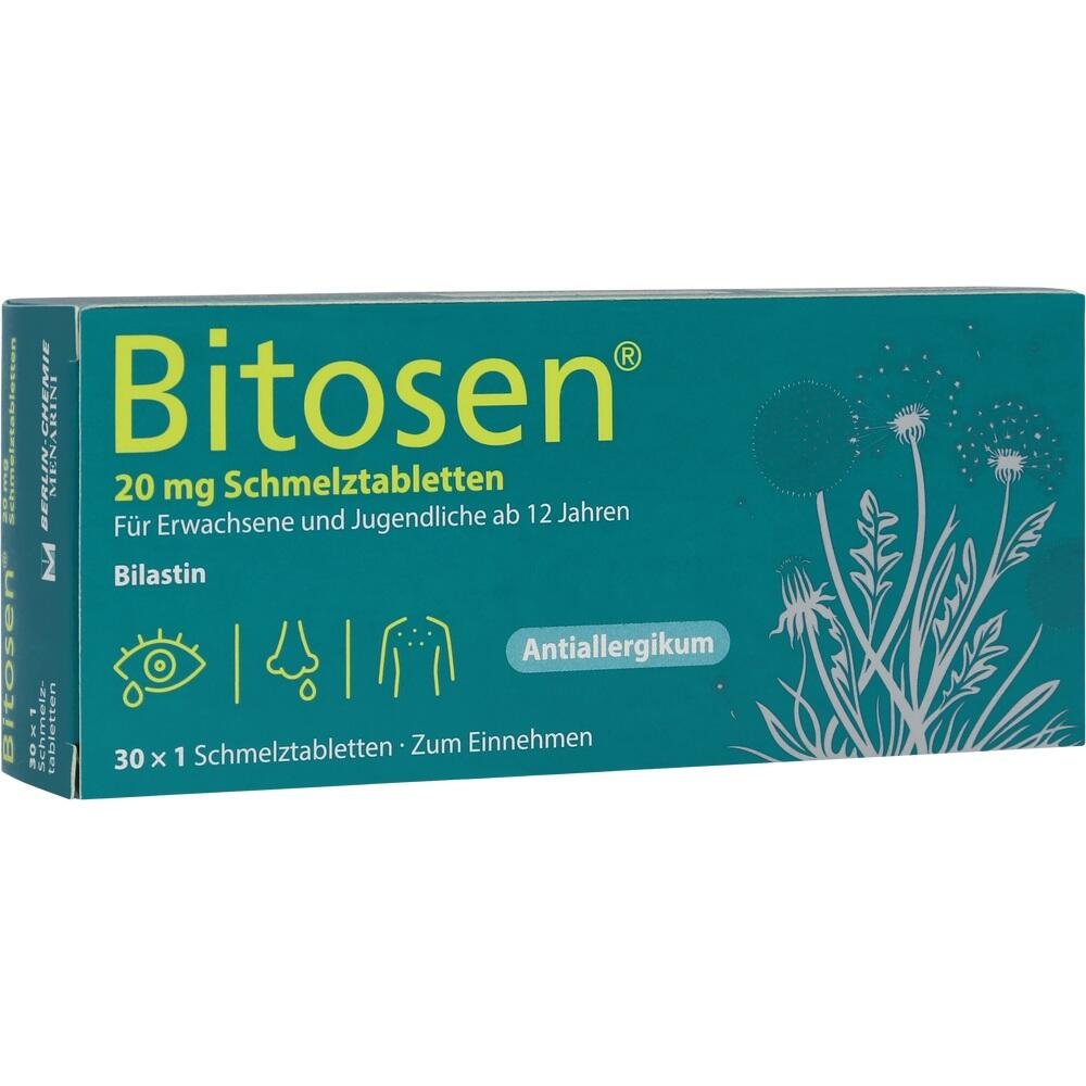 Gr&uuml;ne Medikamentenverpackung von Bitosen f&uuml;r Allergien, 20 mg Schmelztabletten.