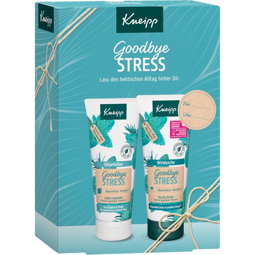 Zwei Kneipp-Produkttuben in einer blau-grünen Geschenkverpackung mit "Goodbye Stress"-Aufschrift.