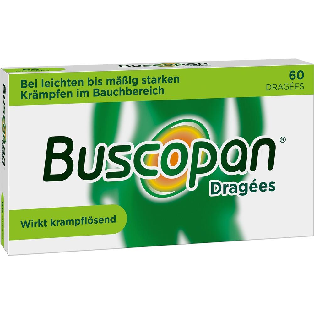 Grüne Medikamentenverpackung für Magenkrämpfe mit der Aufschrift "Buscopan Dragées".