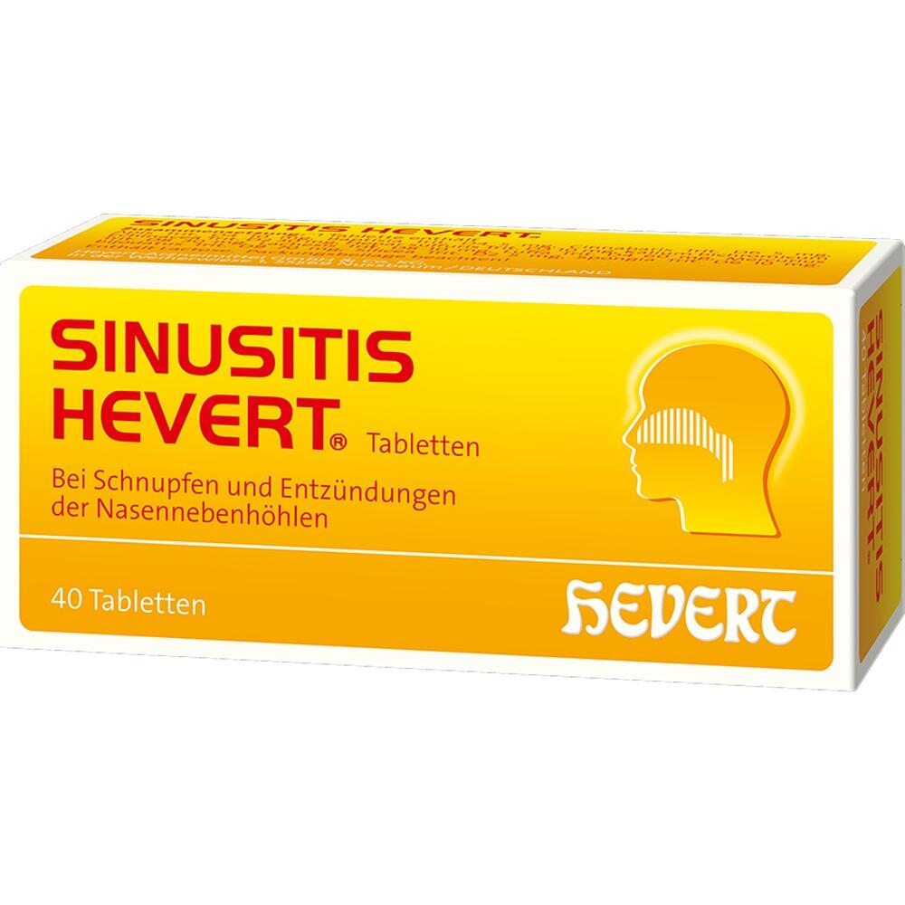 Gelbe Tablettenschachtel mit der Aufschrift "Sinusitis Hevert".