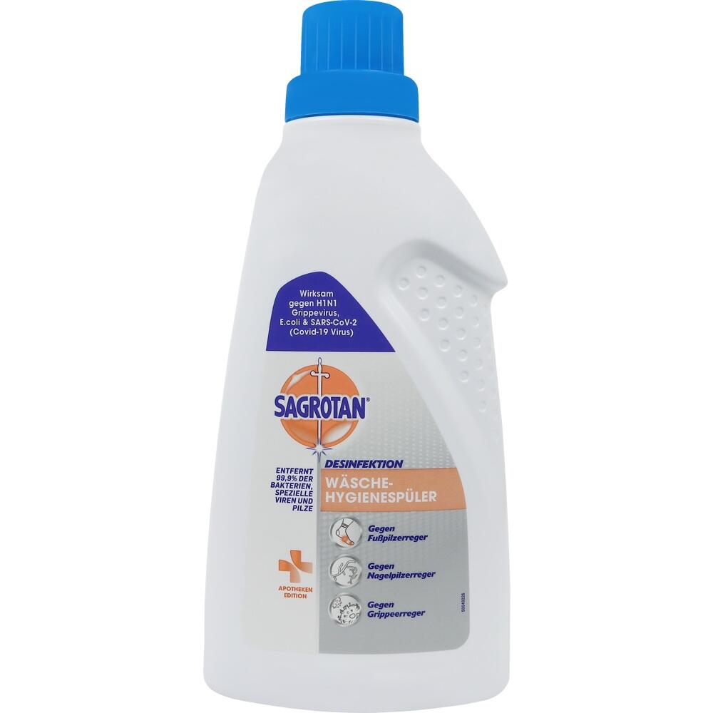 Wei&szlig;e Flasche mit blauem Verschluss, darauf steht "Sagrotan W&auml;sche-Hygienesp&uuml;ler".