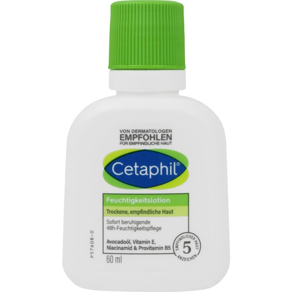 Eine kleine Flasche Cetaphil Feuchtigkeitslotion mit grünem Deckel.